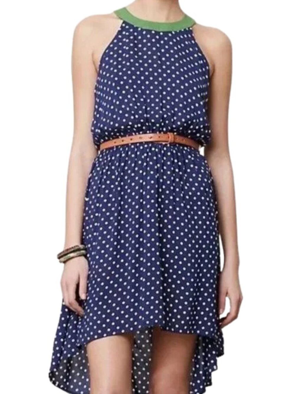 Anthropologie Lilka Polka Dot Hi-Low Dress Navy Green Halter Midi